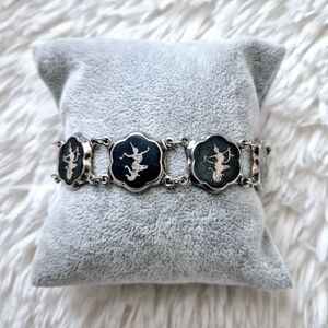 925 Sterling Silver Siam Niello Hindu Goddess Panel Link Bracelet